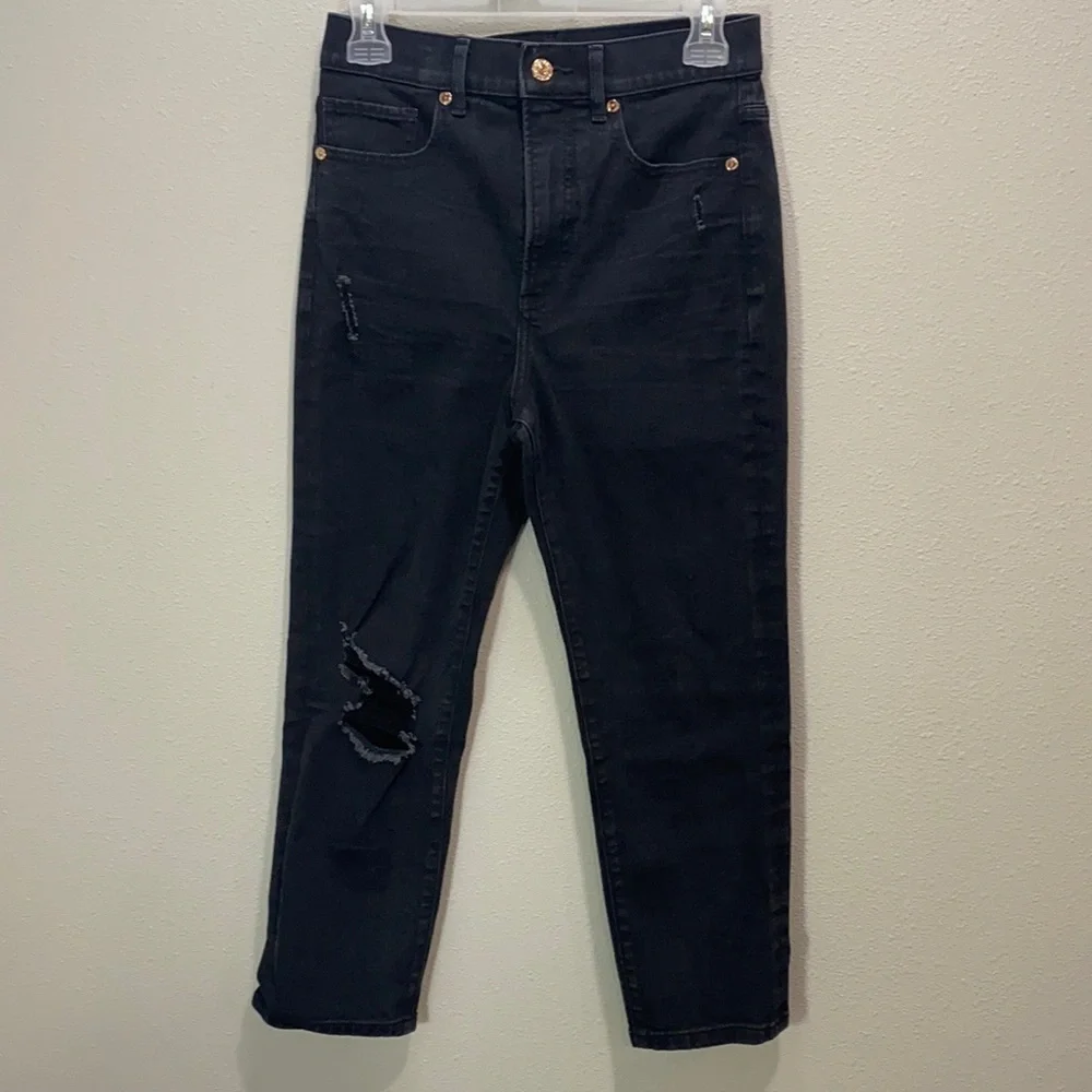 Express slim super high rise distressed jeans in black - Picture 1 of 14